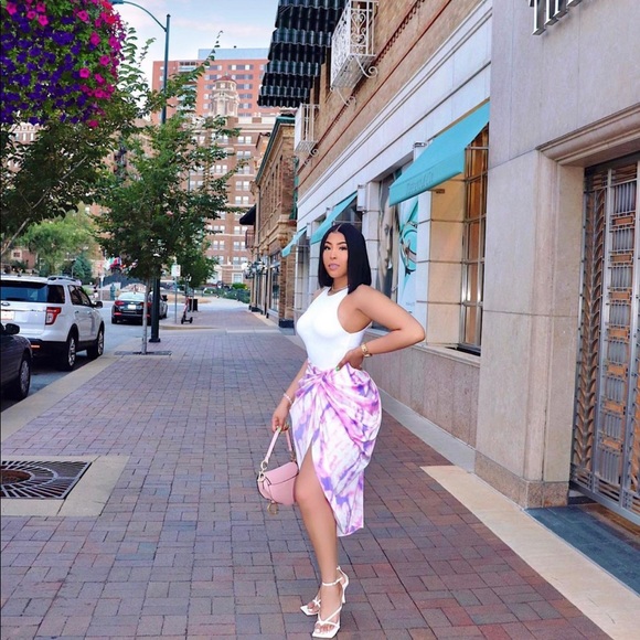 Purple Tie Dye Ruched Side Midi Skirt 